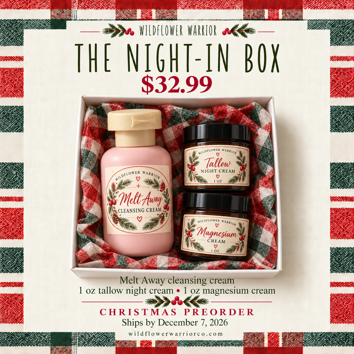 The Night-In Box Christmas gift set with Melt Away cleansing cream, 1 oz tallow night cream and 1 oz magnesium cream in Christmas plaid packaging