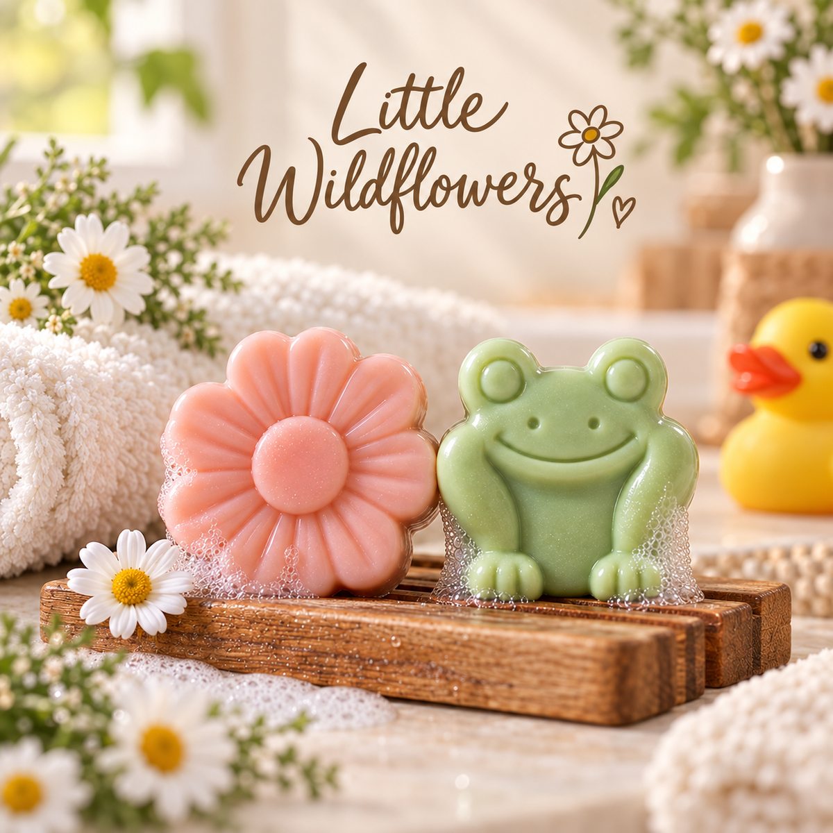 Little Wildflowers collection with pink flower and sage frog bath bars, daisies and soft towels