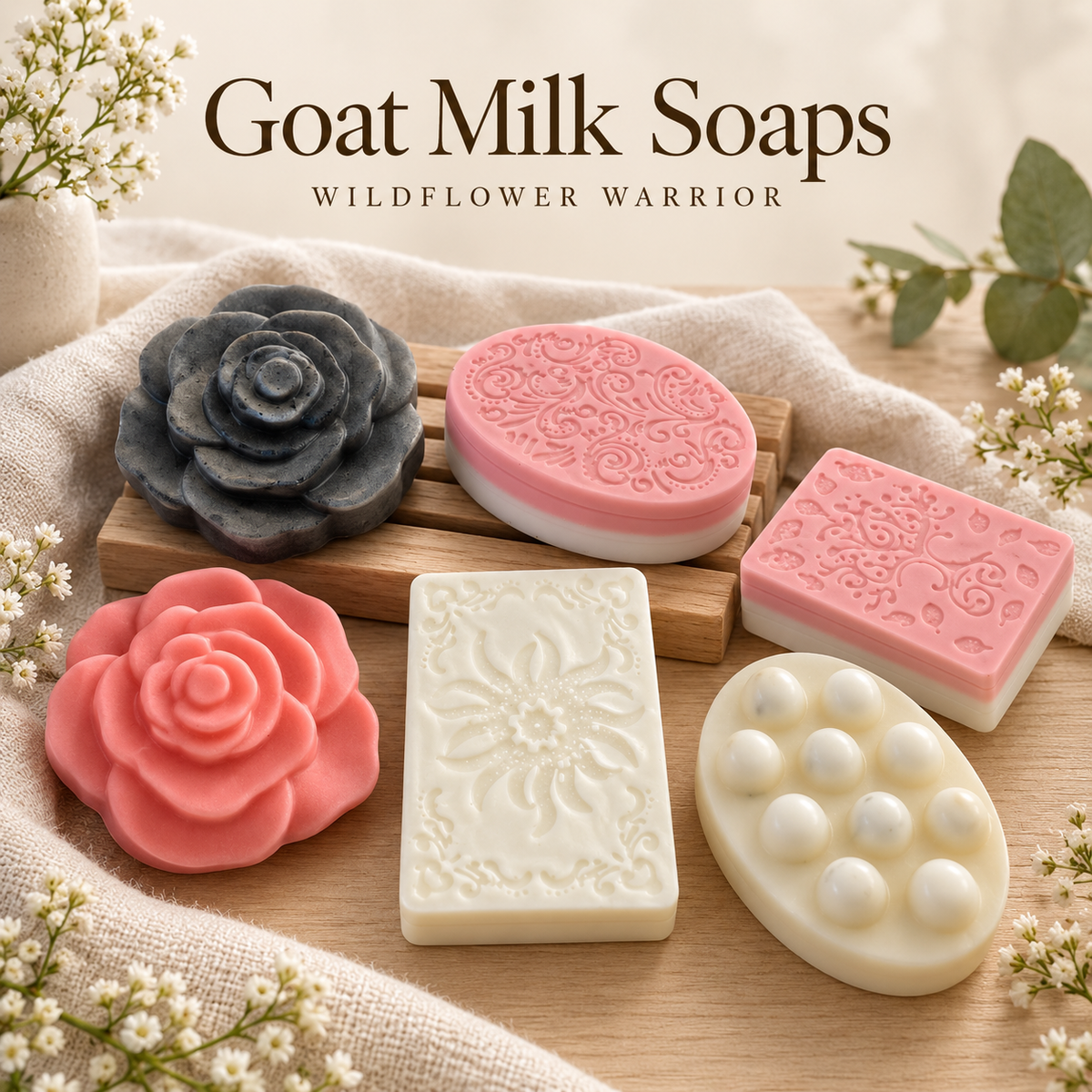 Wildflower Warrior goat milk soaps featuring rose shapes, pink and ivory layered bars, floral embossed soap and an oval massage bar.