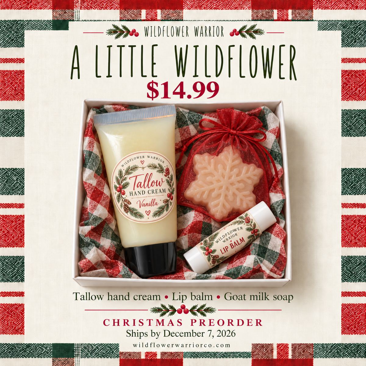 A Little Wildflower Christmas gift box with tallow hand cream, white lip balm and snowflake goat milk soap in red mesh bag and plaid tissue