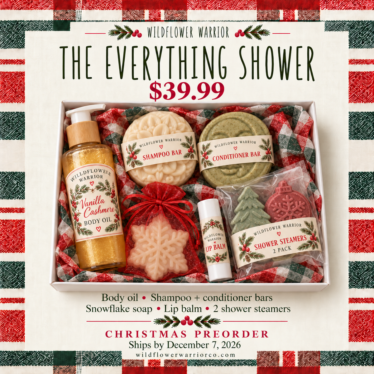 The Everything Shower Christmas gift box with body oil, shampoo and conditioner bars, bagged snowflake soap, lip balm and Christmas tree and ornament shower steamers