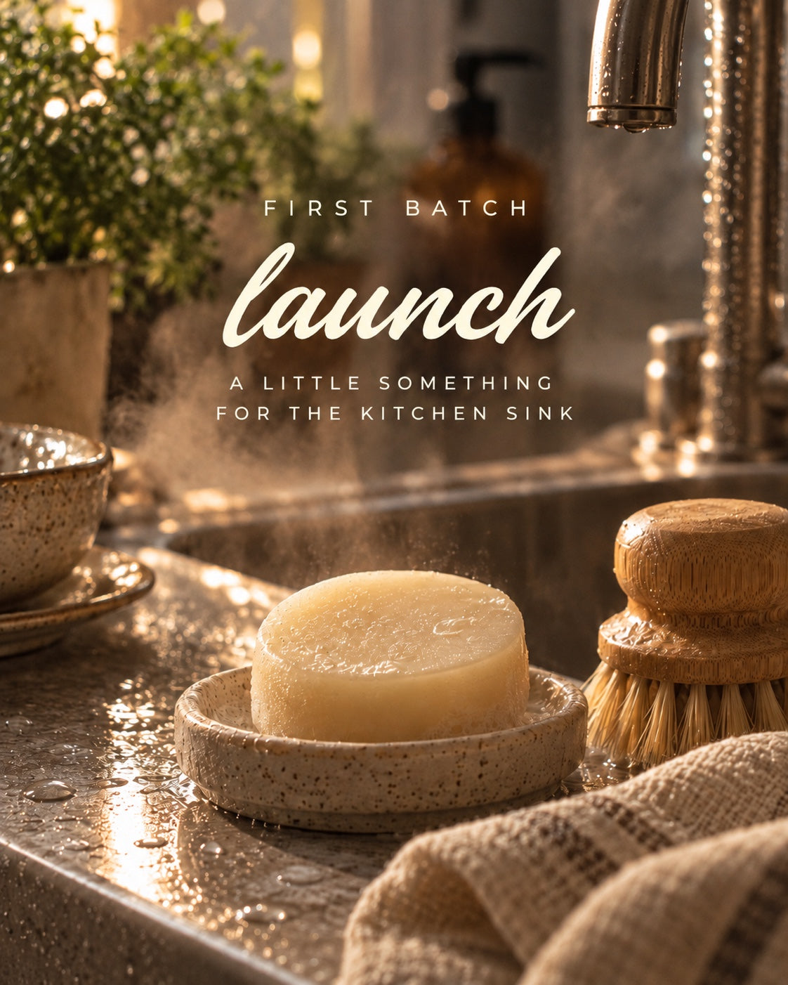 Kitchen Duo first batch launch: solid dish soap and bamboo brush at the kitchen sink