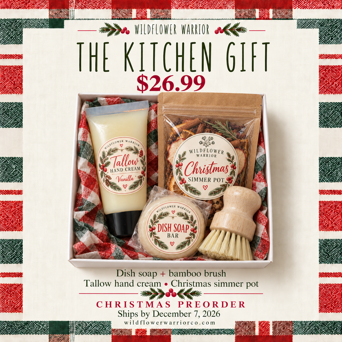 The Kitchen Gift Christmas preorder box with dish soap, bamboo brush, tallow hand cream and Christmas simmer pot in plaid packaging