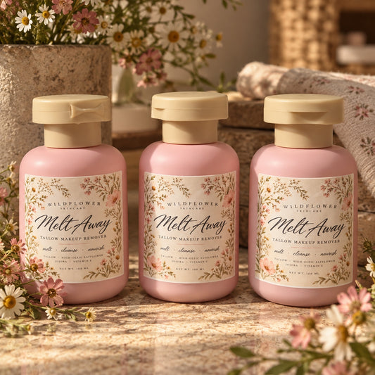 Melt Away tallow makeup remover in pink bottles with floral labels