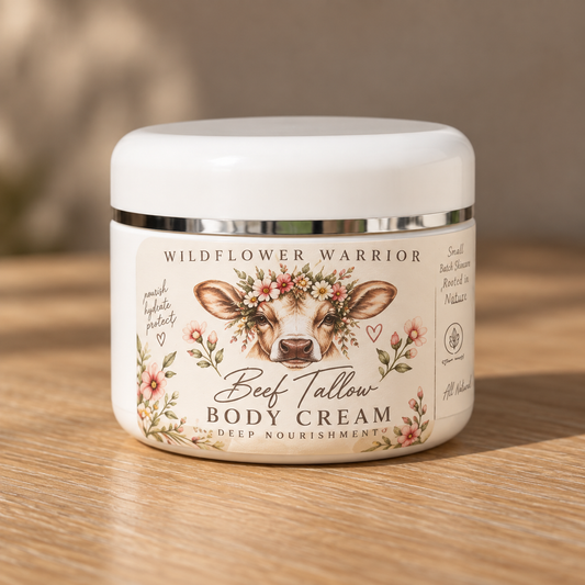 Wildflower Warrior beef tallow body cream in a white jar with a floral cow label