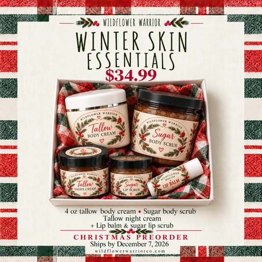 Winter Skin Essentials Christmas preorder gift box with tallow body cream, night cream, sugar body scrub, sugar lip scrub and lip balm